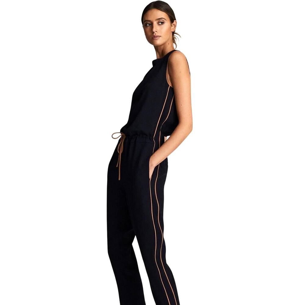 REISS Navy Sleeveless Drawstring Jumpsuit Contrast Trim Tapered Leg US 0 EU 32